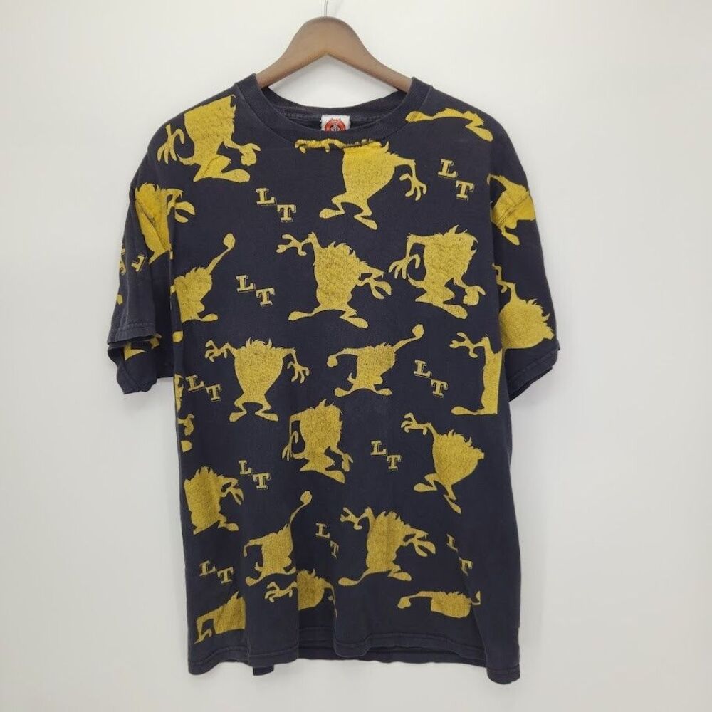 Vintage Looney Tunes Mens T Shirt Allover Double Taz Print Gold Black Size Large